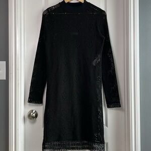 See By Chloé Black Open Knit Crochet Mock Neck Dress‎ Whimsigoth Dark Boho Style